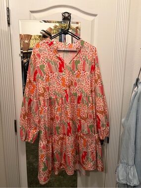 Vibrant Floral Tiered Long Sleeve Dress - Red, Green & Cream